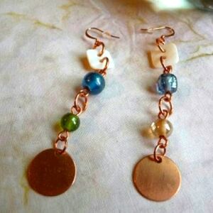 Boho Style Glass Earrings, Copper Disc Earrings